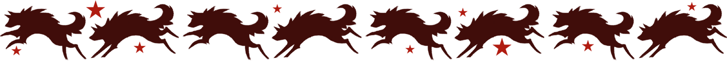 A row of bounding silohuettes of wolves in the color red. There are stars in the negative space. Art is by @mamimikey on tumblr.